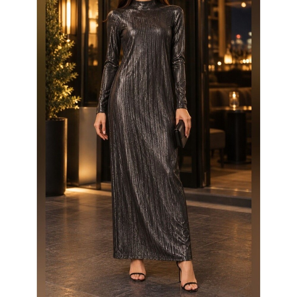 Metallic Ribbed Midi Dress Deep Puter L/S M Bodycon Shimmer Whimsygoth Cocktail